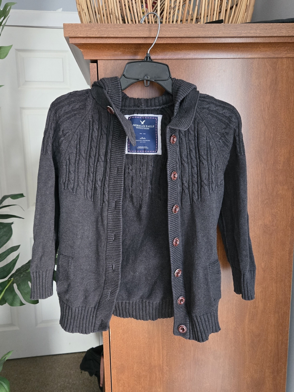American Eagle Outfitters Charcoal Grey Hooded Cable-Knit Cardigan